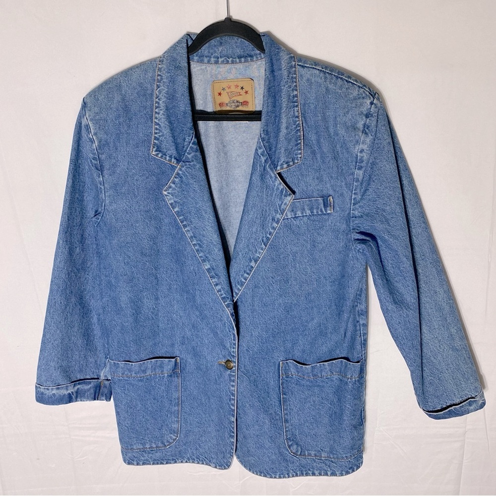 Vintage Silver Style Light Med Wash Oversized Denim Blazer Jean Jacket L